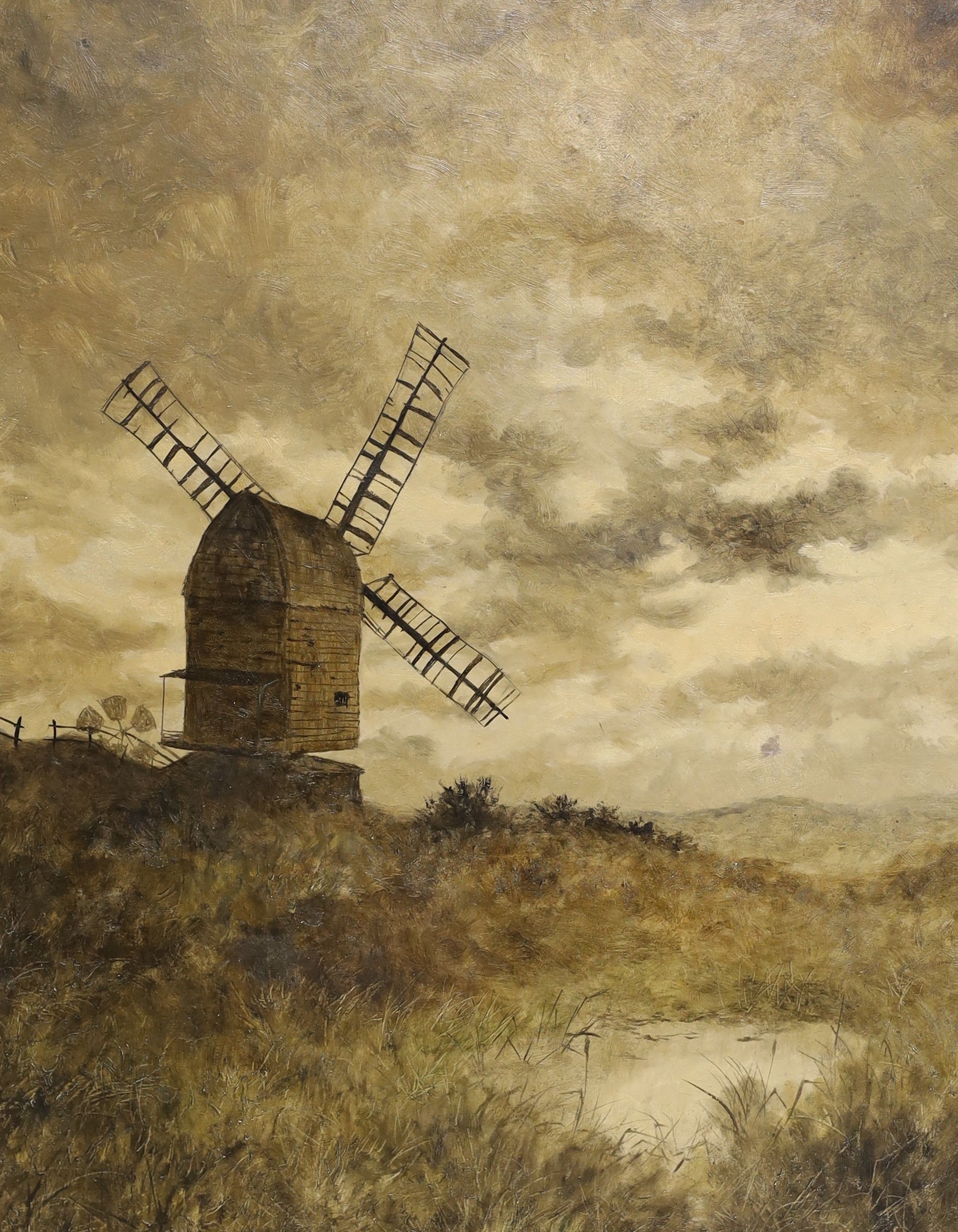 H B, oil on board, Windmill in a cloudy landscape, monogrammed, 52 x 41cm